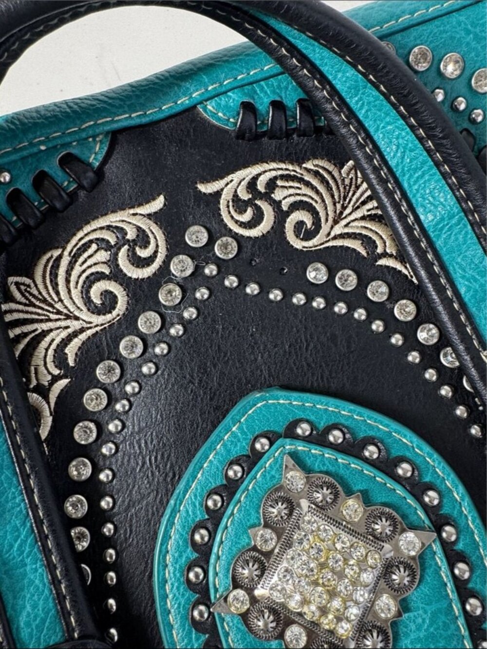 Montana West Western Handbag & Wallet Set Turquoise Black Studded Boho Rustic - Picture 16 of 16